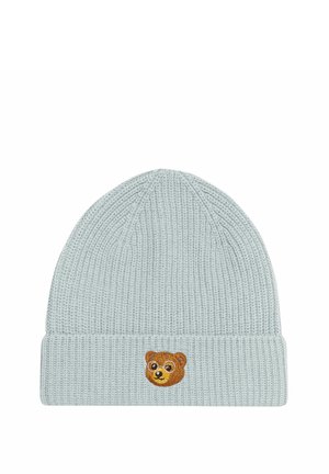 Bonnet tricoté bleu clair avec bord replié présentant un petit visage d’ours brun brodé portant des lunettes.