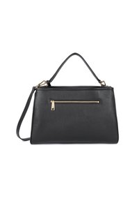 Sac à main en cuir noir présentant une forme rectangulaire, une poignée supérieure, une longue bandoulière ajustable, et une poche zippée à l'avant avec des ferrures dorées.