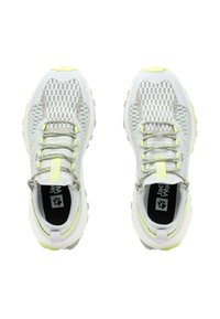 Lightweight running shoes in white mesh with yellow accents. Features a rounded toe, gray laces, and a textured sole for traction.
