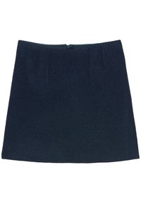Tummansininen villasta valmistettu mini-hame, jossa on suora leikkaus, etunapit ja vetoketju sekä hienovaraiset pystysaumadetaljit.