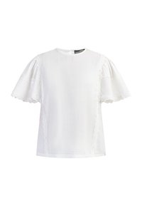 Hvid bluse med puffærmer, �øjelets trim, rund halsudskæring og et subtilt tekstureret stof med en lille lukning bagpå.