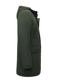 Groene waterdichte parka met capuchon, voorzien van een ritssluiting aan de voorkant, drukknopen en zijzakken. Gladde textuur en mid-length ontwerp.