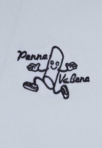 White fabric featuring a black embroidered design of a playful character along with the text "Penne Va.Bene." The character has two arms and feet.