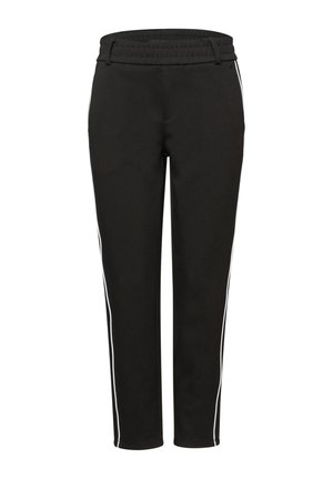 Pantalon de sport noir avec ceinture élastique, coupe ajustée et bandes blanches sur les côtés. Confectionné dans un matériau lisse et flexible.