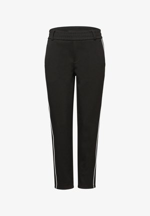 Pantalon de sport noir avec ceinture élastique, coupe ajustée et bandes blanches sur les côtés. Confectionné dans un matériau lisse et flexible.