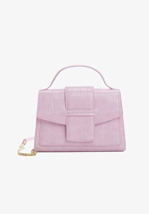 Pink faux leather handbag with a textured crocodile pattern, fold-over flap, top handle, and a detachable chain strap.