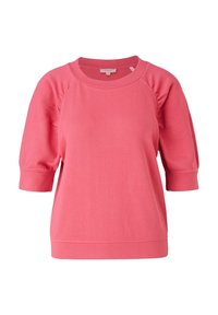 Sweat-shirt rose à manches courtes, col rond, manches raglan et poignets et ourlet côtelés.