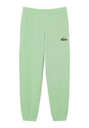 Pantalones de chándal verdes claros hechos de una tela suave, con una cinturilla ajustada, bolsillos laterales y un logotipo bordado en la pierna izquierda.