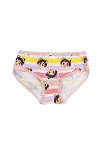 Katoenen slip met roze, gele en witte strepen. Heeft cartoongezichten met kattenoren. Lichte roze tailleband en strikaccent. Zachte textuur.