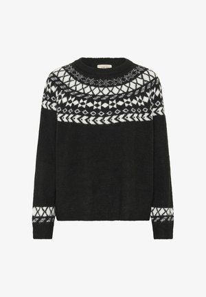 Pull noir à col rond arborant un motif géométrique blanc sur la poitrine et les manches. Fabriqué en un tissu doux et texturé.