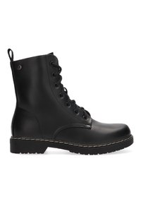 Botas de cuero negras hasta el tobillo, con punta redonda, diseño con cordones, collar acolchado y una suela de goma gruesa que presenta un detalle de costura en contraste.