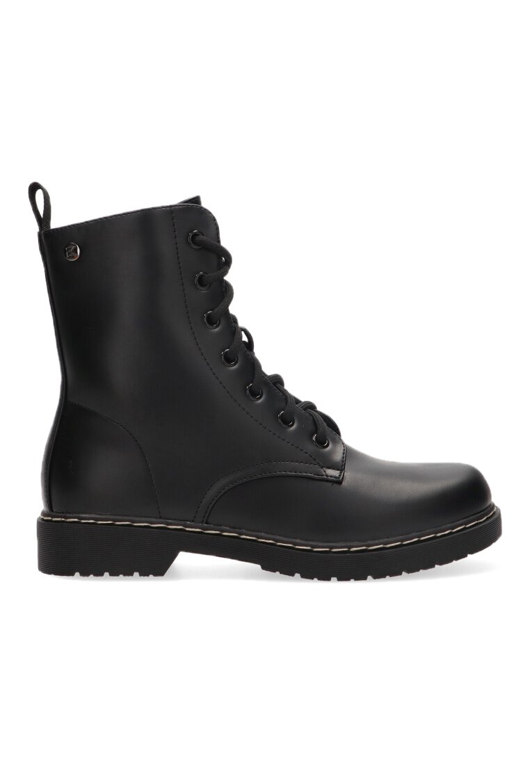 Botas de cuero negras hasta el tobillo, con punta redonda, diseño con cordones, collar acolchado y una suela de goma gruesa que presenta un detalle de costura en contraste.