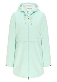 Veste imperméable vert menthe clair avec capuche à cordon de serrage, fermeture éclair à l'avant, poches latérales et accents décoratifs en perles sur les cordons.