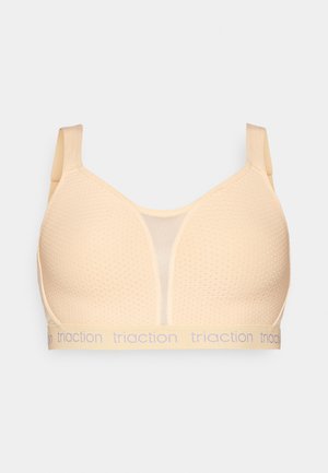 Sutien desportivo bege com tecido texturizado e painéis de malha. Alças largas e uma faixa elástica e suave com o logótipo "tri-action".