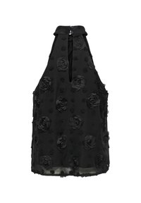 Haut noir sans manches à col halter avec appliqués floraux texturés et encolure en trou de serrure fermée par deux boutons au niveau du col.