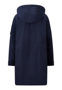 Námořnická modrá parka s kapucí, dlouhými rukávy, knoflíkovými manžetami a rovný, mírně volný střih. Vyrobena z lehkého, hladkého materiálu.