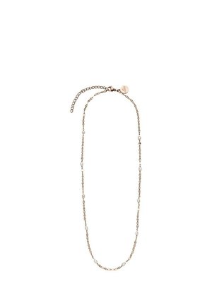 Feine Halskette aus roséfarbenem Gold mit kleinen, gleichmäßig verteilten weißen Perlen und einem verstellbaren Verschluss mit rundem Anhänger.