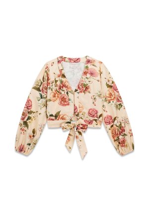 Lange mouwen, cropped blouse met een bloemmotief, V-hals en voorknoop in zachte beige, roze en groentinten.