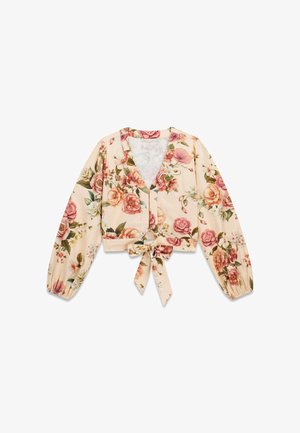 Lange mouwen, cropped blouse met een bloemmotief, V-hals en voorknoop in zachte beige, roze en groentinten.