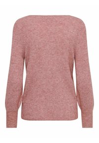 Pull long à manches longues couleur rose, avec une texture côtelée et une coupe droite. Présente des manches légèrement bouffantes et un large décolleté.
