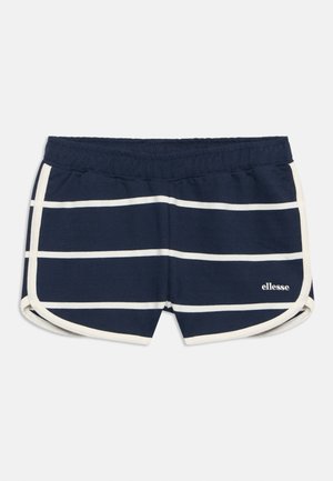 Shorts de sport bleu marine avec des rayures blanches horizontales, une bordure blanche le long des bords, une taille élastique, et un petit logo "ellesse" sur le devant.