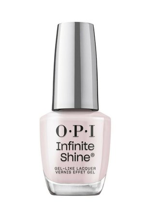 OPI Infinite Shine Nagellackflasche in blassem Rosa mit Gel-Effekt, mit einem metallisch silbernen Deckel und schwarzem Aufdruck auf der Vorderseite.