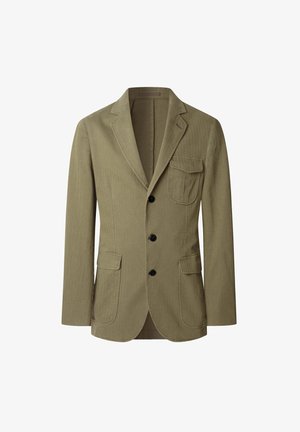 Olivovo zelený blejzer z textúrovanej tkaniny, s klopovým golierom, tromi čiernymi gombíkmi, náprsním vreckom a dvoma prednými vreckami.