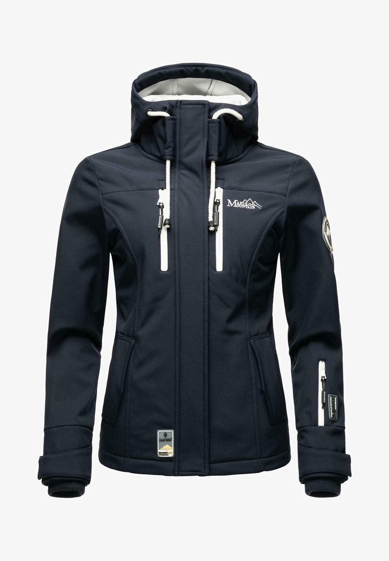 Veste softshell pour femme bleu marine avec capuche, accents de fermeture éclair blancs, poches poitrine avant et poignets réglables, arborant les logos de la marque d'extérieur.