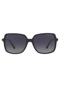 Ochelari de soare negri, supradimensionați, cu lentile pătrate, nuanță degradată și finisaj mat elegant. Prezintă logo pe lentila din stânga sus.
