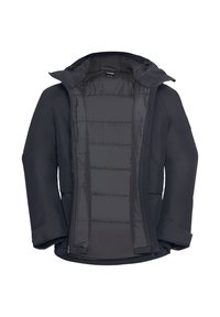 Giacca impermeabile di un blu scuro navale con chiusura a zip, cappuccio e un rivestimento imbottito e trapuntato. Presenta tasche laterali e polsini regolabili.