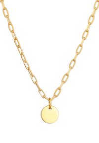 Gold chain necklace featuring elongated links and a smooth, round pendant. The chain has a textured finish for added detail.