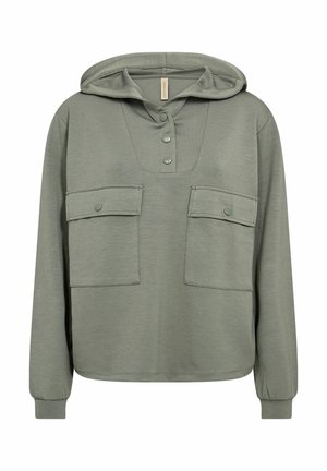 Olive green hooded sweatshirt with a half-button placket, two chest pockets, and ribbed cuffs, made from soft, textured fabric.