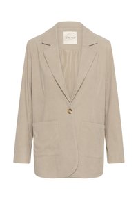 Vaaleanbeige corduroy-takkia, jossa on lovettu kaulus, yksittäinen kultainen nappisulku, kaksi etutaskua ja pitkät hihat. Tasainen sisävuori.