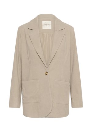 Beige kordflod blazer med kavajkrage, en enda guldknappstängning, två framfickor och långa ärmar. Slät innerfoder.