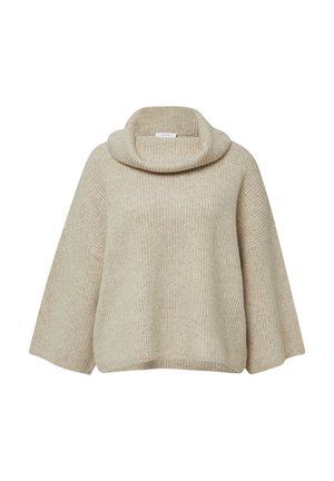 Beżowy sweter z prążkowanego dzianiny z szerokim, składanym dekoltem typu cowl oraz 3/4 rękawami w kształcie dzwonu. Miękka faktura i luźny krój zapewniają komfort.