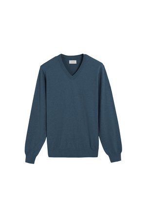 V-hals trui in donker teal, gemaakt van zachte gebreide stof. Heeft lange mouwen en geribbelde manchetten en zoom voor een ontspannen pasvorm. Geen patronen of accenten.