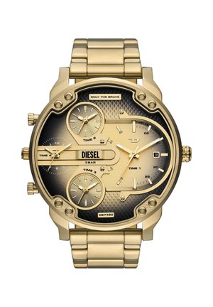 Goldene Diesel-Armbanduhr mit vier Zeitzonen, schwarzem Farbverlauf-Zifferblatt, Datumsanzeige und Metallgliederarmband.