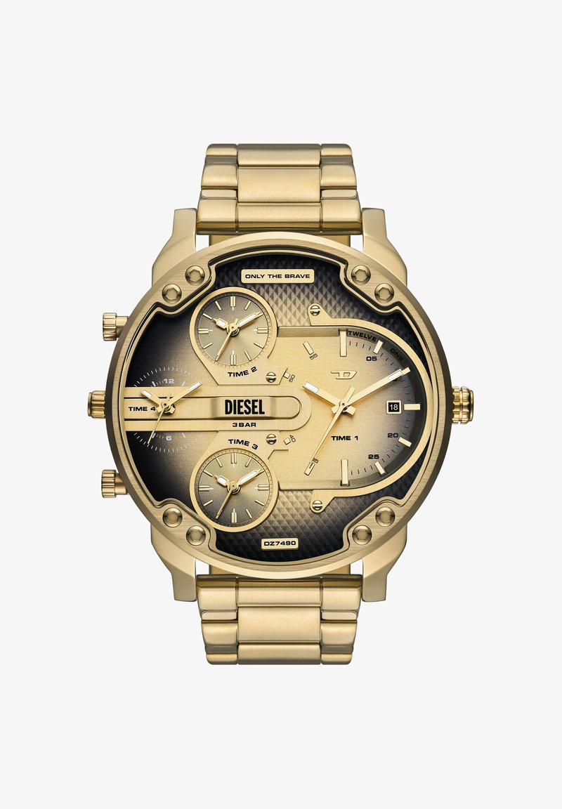 Orologio da polso Diesel dorato con quattro fusi orari, quadrante sfumato nero, display della data e cinturino in metallo a maglie.