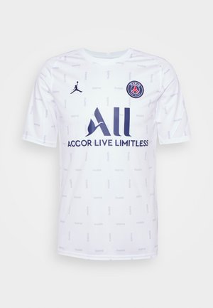 Maillot de football blanc du Paris Saint-Germain avec le texte répétitif "PARIS", logo Jumpman noir et le sponsor "ALL Accor Live Limitless" sur le devant.