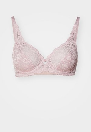 Soutien-gorge en dentelle rose doux avec un bord festonné, un soutien-gorge avec armatures, et un détail clé en forme de trou décoratif entre les bonnets. Bretelles réglables.