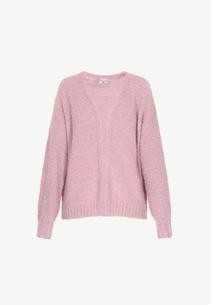 Rózsaszín plüss kardigán, textúrált, puha felülettel, nyitott elöl és bordázott szegéllyel. Hosszú ujjú, laza fazonú, és nincs rajta zár.