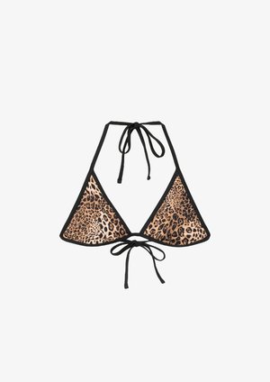 Leopard-print bikini top with triangular cups, black trim, and tie closures at the neck and back. Made of smooth, soft fabric.