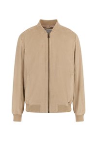 Beige bomberjack met een ritssluiting, ribbelkraag en -manchetten, zijzakken en een gladde suedeachtige textuur.