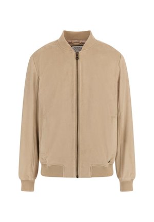 Beige bomber bunda s zipovým uzávěrem, ribbeným límcem a manžetami, bočními kapsami a hladkou texturou podobnou semiši.