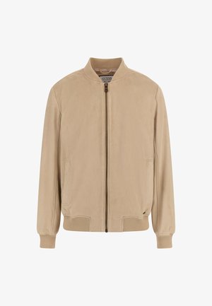 Beige bomberjack met een ritssluiting, ribbelkraag en -manchetten, zijzakken en een gladde suedeachtige textuur.