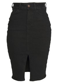 Falda de mezclilla negra con cintura alta, cierre de botones y una abertura frontal. Presenta una textura suave y un diseño ajustado hasta la rodilla.