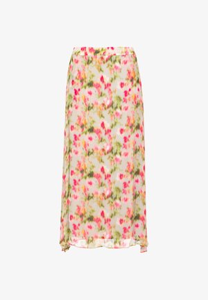 Fustă midi cu imprimeu floral în roz, portocaliu și verde pe un material transparent bej deschis, cu tiv ușor ondulat.