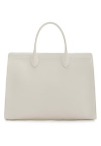 Large white leather tote bag with smooth texture, rounded handles, and a rectangular shape. Minimalistic design with no visible hardware.