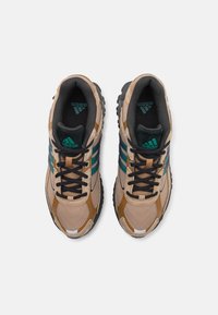 Pár béžových, hnědých a zelených tenisek Adidas s černými tkaničkami, pohled zeshora na bílém pozadí.