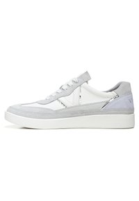 White and light gray sneaker with suede and leather materials, round toe, flat sole, and lace-up design. Features textured accents.